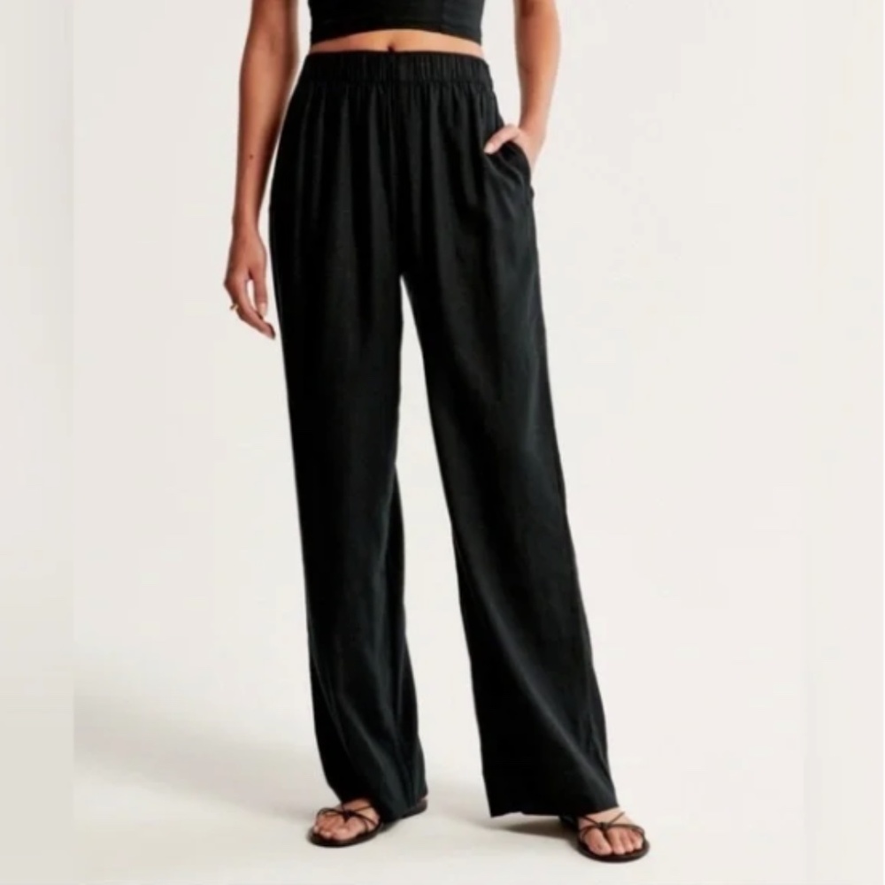 Abercrombie & Fitch Black Wide Leg Linen Pants Medium TALL
